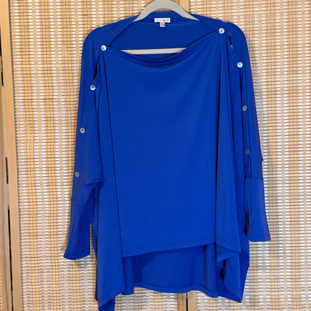 Rhonda Shear Royal Blue Draped Button Accent Tunic Top Large Womens Office